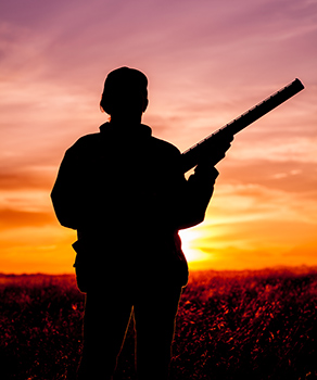 A hunter holding a rifle in a field at sunset