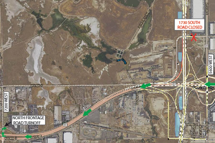 Map of the recommended access route to Lee Kay Public Shooting Range, via the north frontage road off 7200 West.