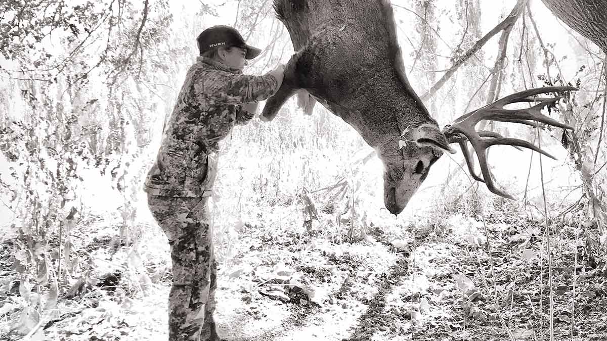 Lokelani Ferre field dressing a harvested buck deer that is hanging from a tree