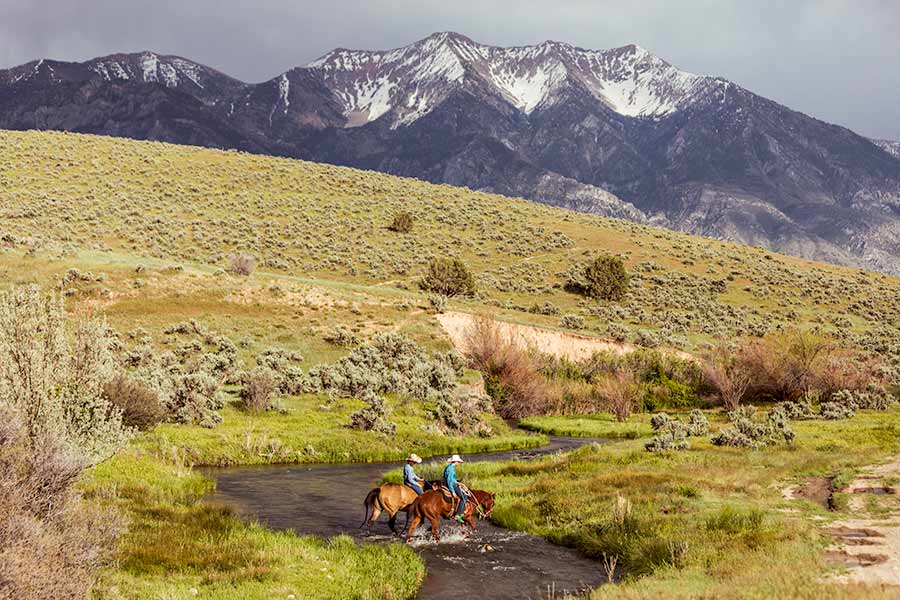 Two horseback riders riding over a stream