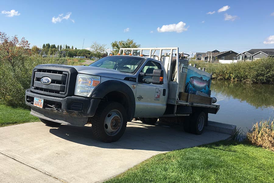 A truck stocking fish in water