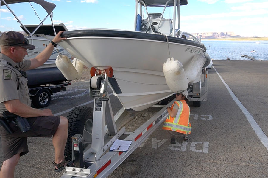 Utah State Parks Division officer and technician performing a quagga mussel inspection on a boat at Lake Powell