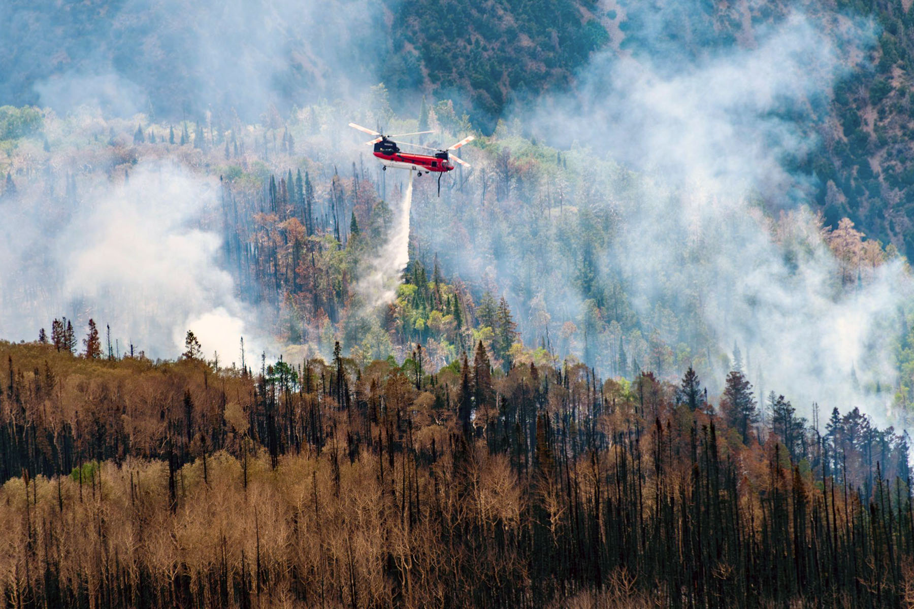 A red helicopter battles the Monroe Mountain fire.