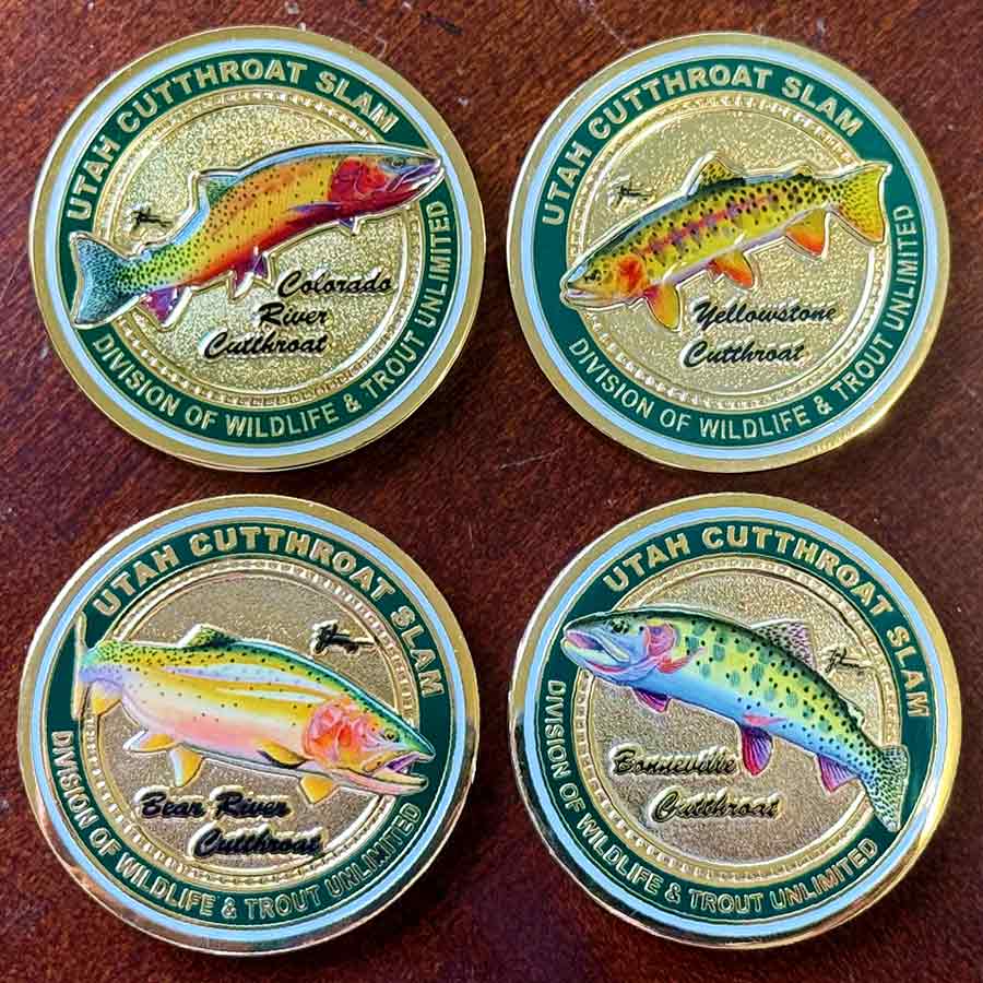 Utah Cutthroat Slam medallions, showing a Colorado River cutthroat trout, Yellowstone cutthroat trout, Bear River cutthroat trout and Bonneville cutthroat trout