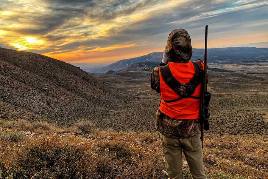 Hunter in orange overlooking valley
